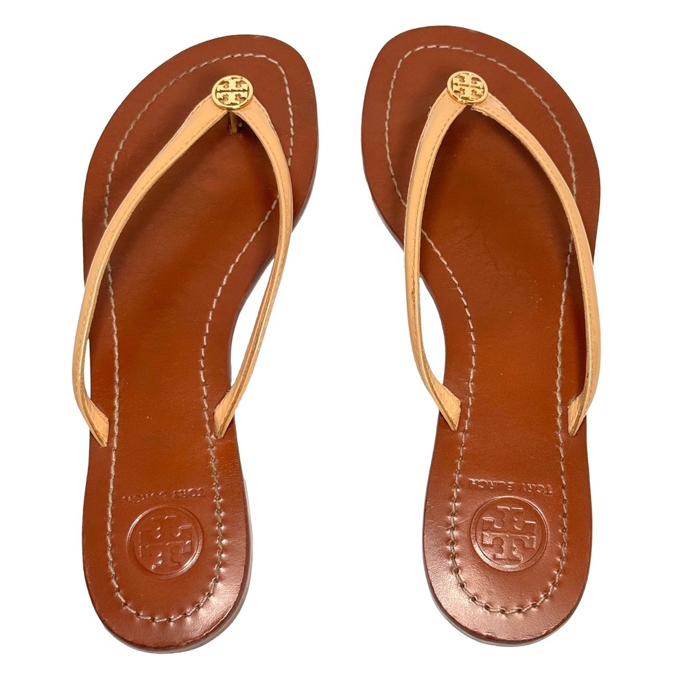 Tory Burch Terra Thong Patent Leather Sandals Nude Gold Logo Flip Flops Flat 7M - Picture 9 of 13